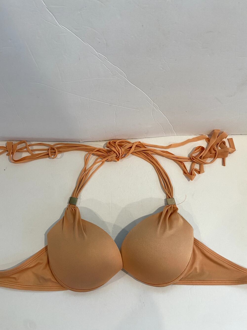 Victoria’s Secret Peach Fringe Halter Bikini Top 34D Tie Back Festival Swimwear